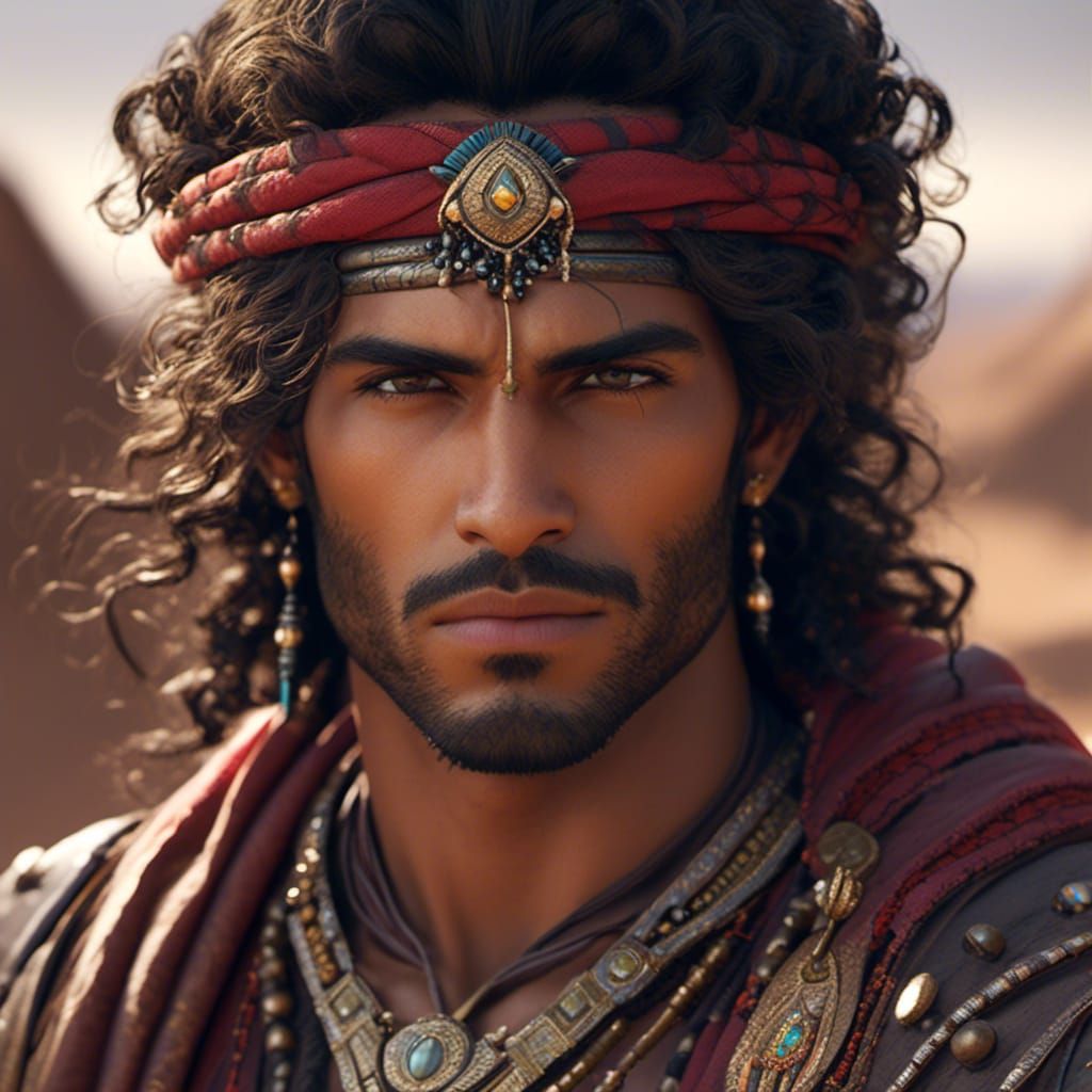 Handsome Middle Eastern Nomad Portrait in Detailed Matte Pai...