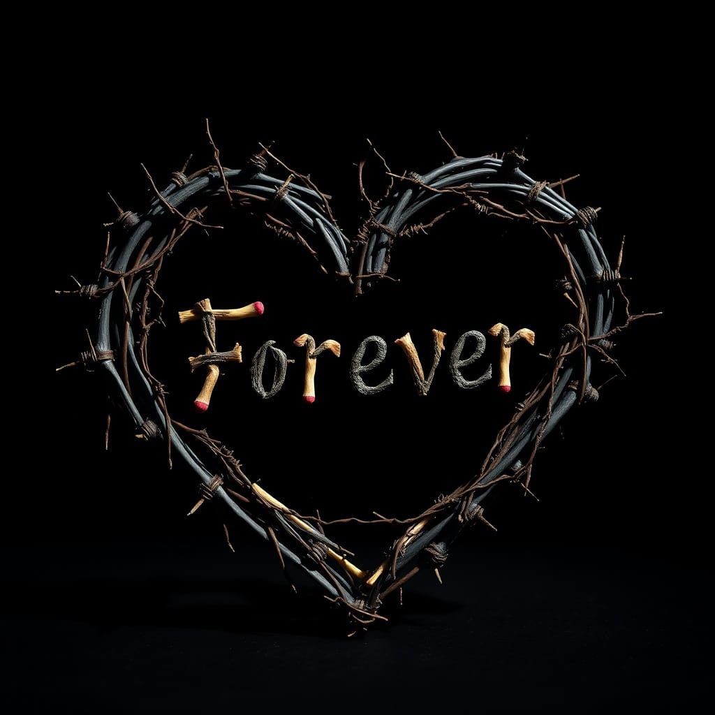 Gothic Heart of Thorns and Barbed Wire with Burned Matchstic...
