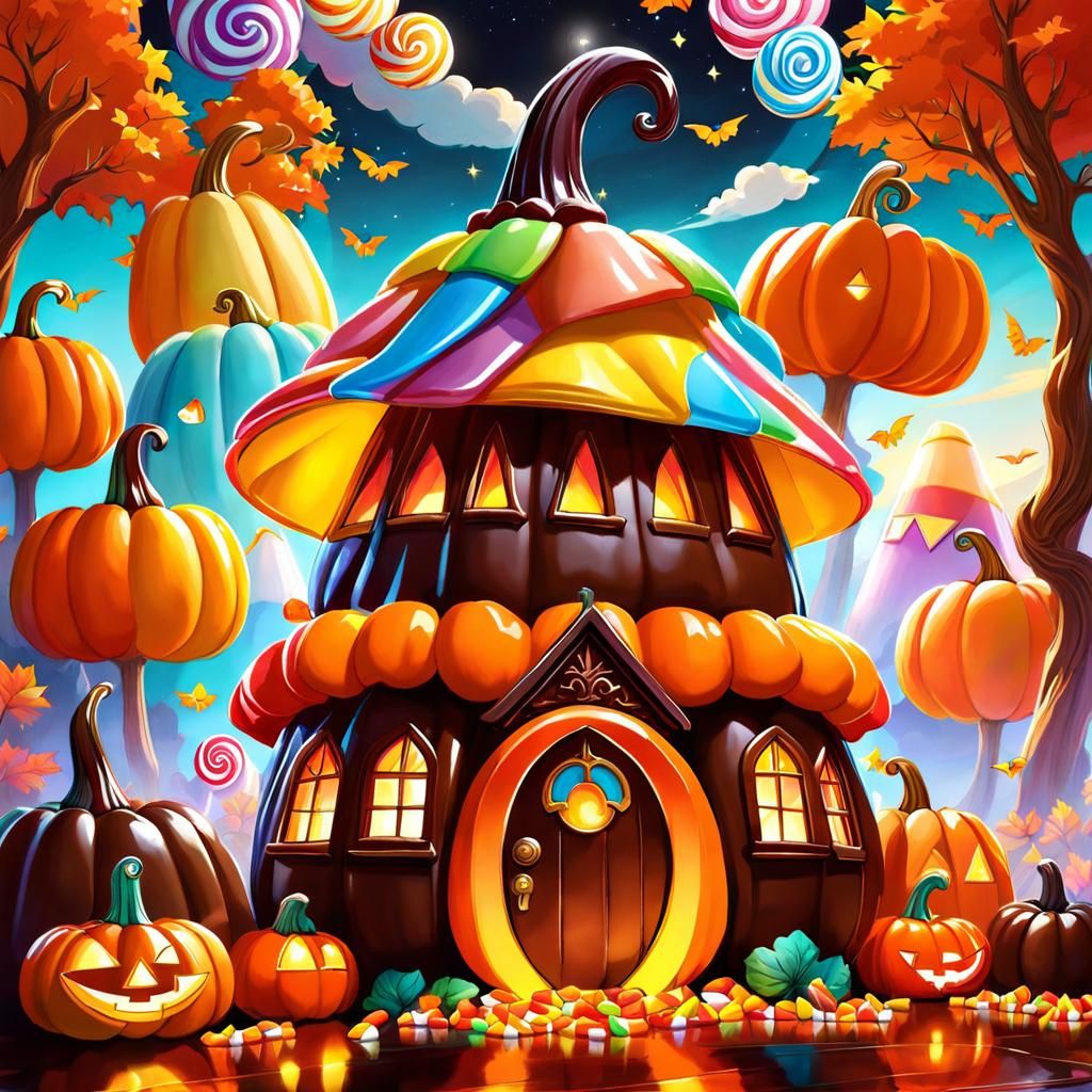 Whimsical Candy Pumpkin House in Candyland Art Style