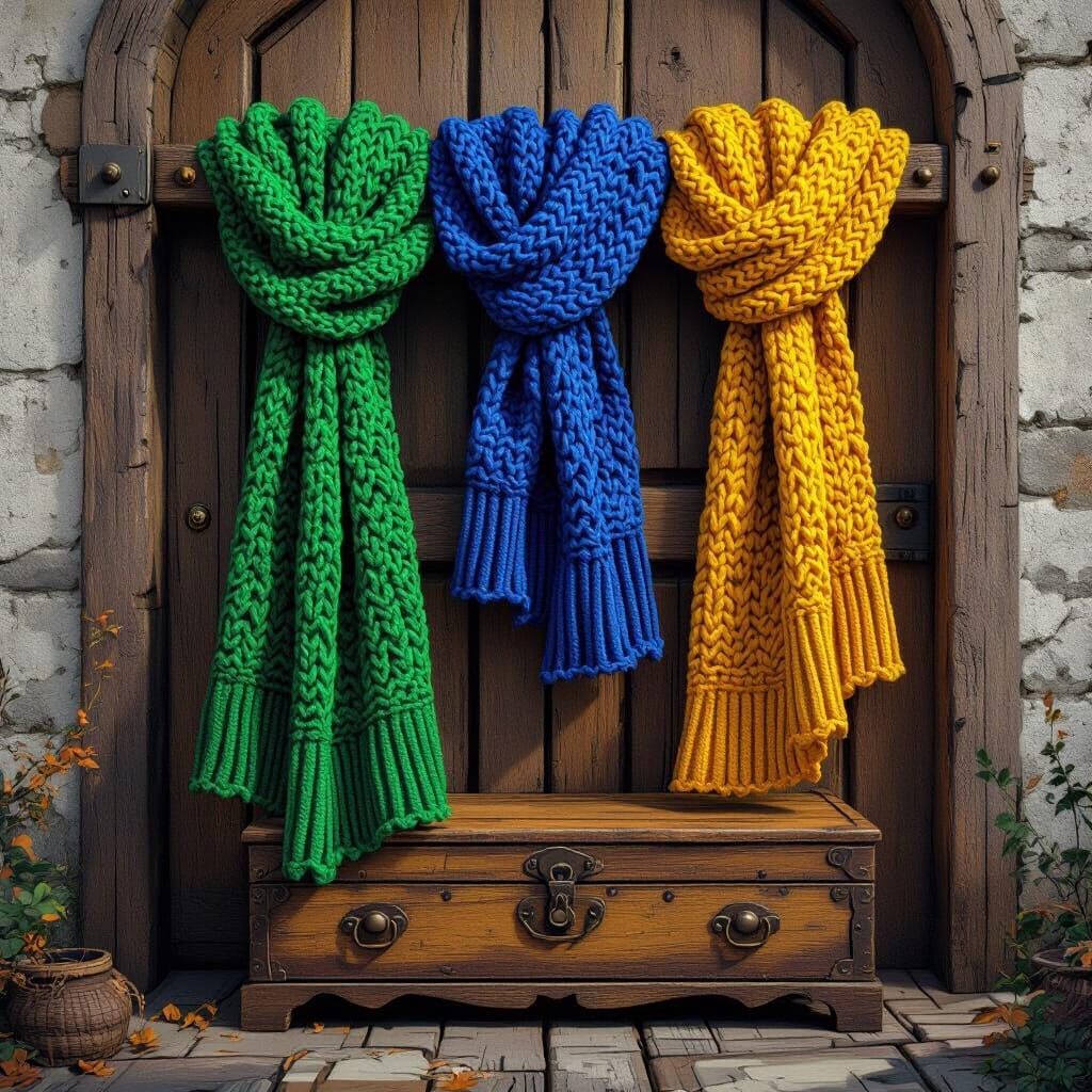 Scarves on Oak Door in Detailed Matte Painting Style