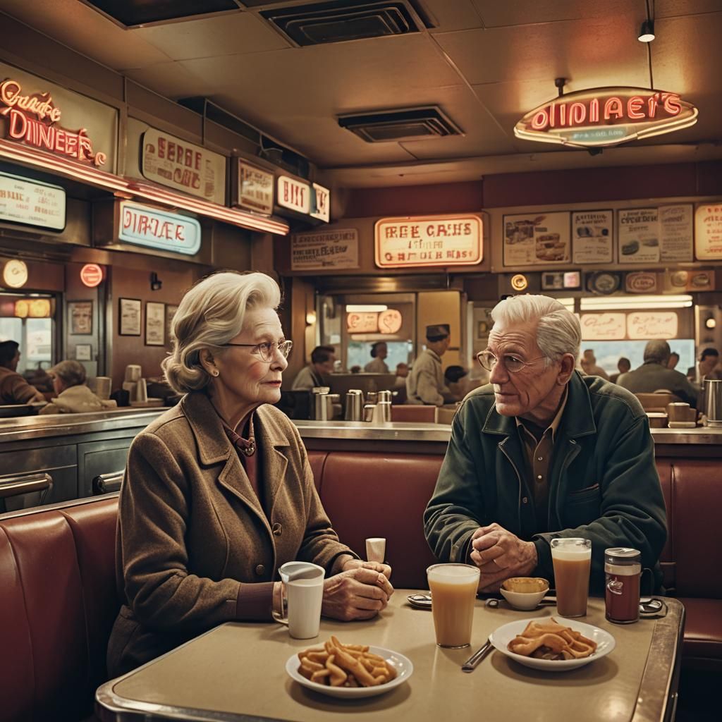 Elderly Couple Saying Grace in Cozy Diner