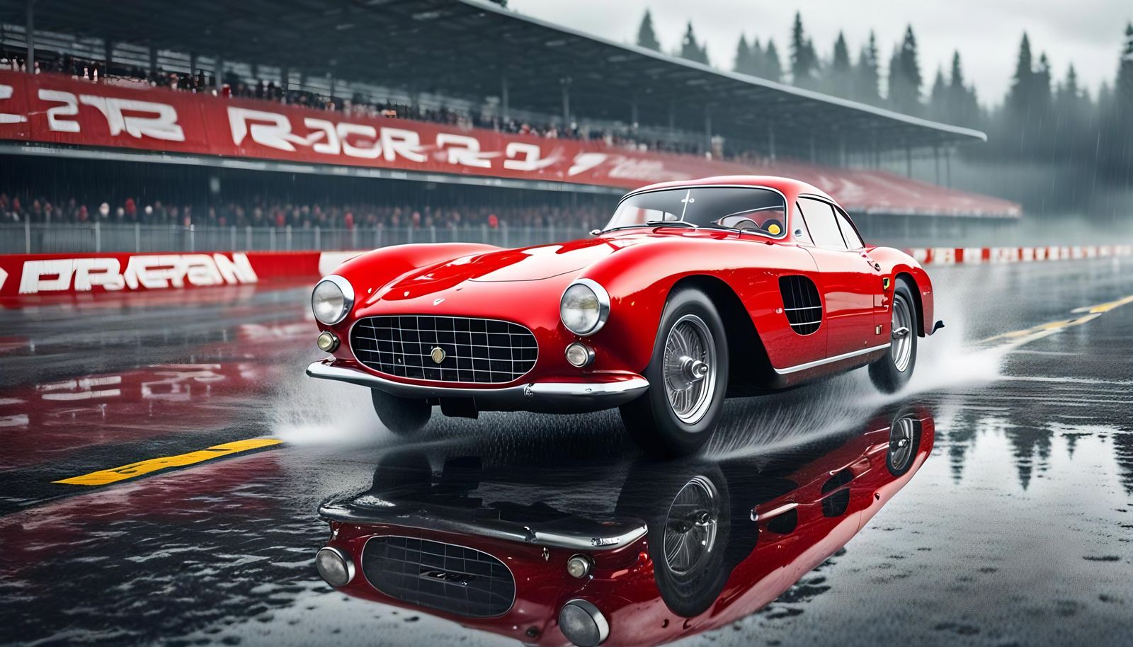 Ferrari Red 1950s Supercar on Wet Racetrack