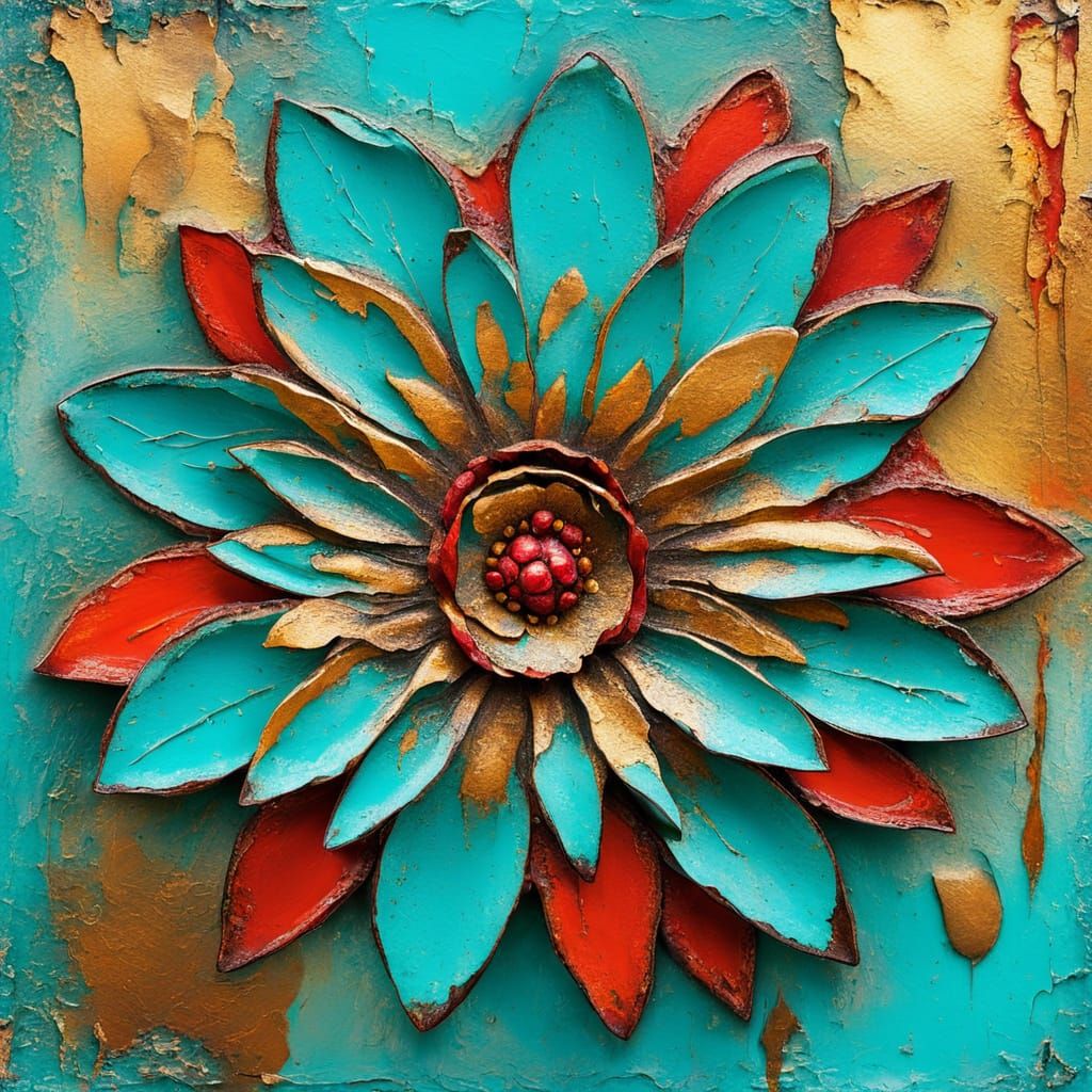 Vibrant Red Flower on Turquoise Wall - Abstract Art