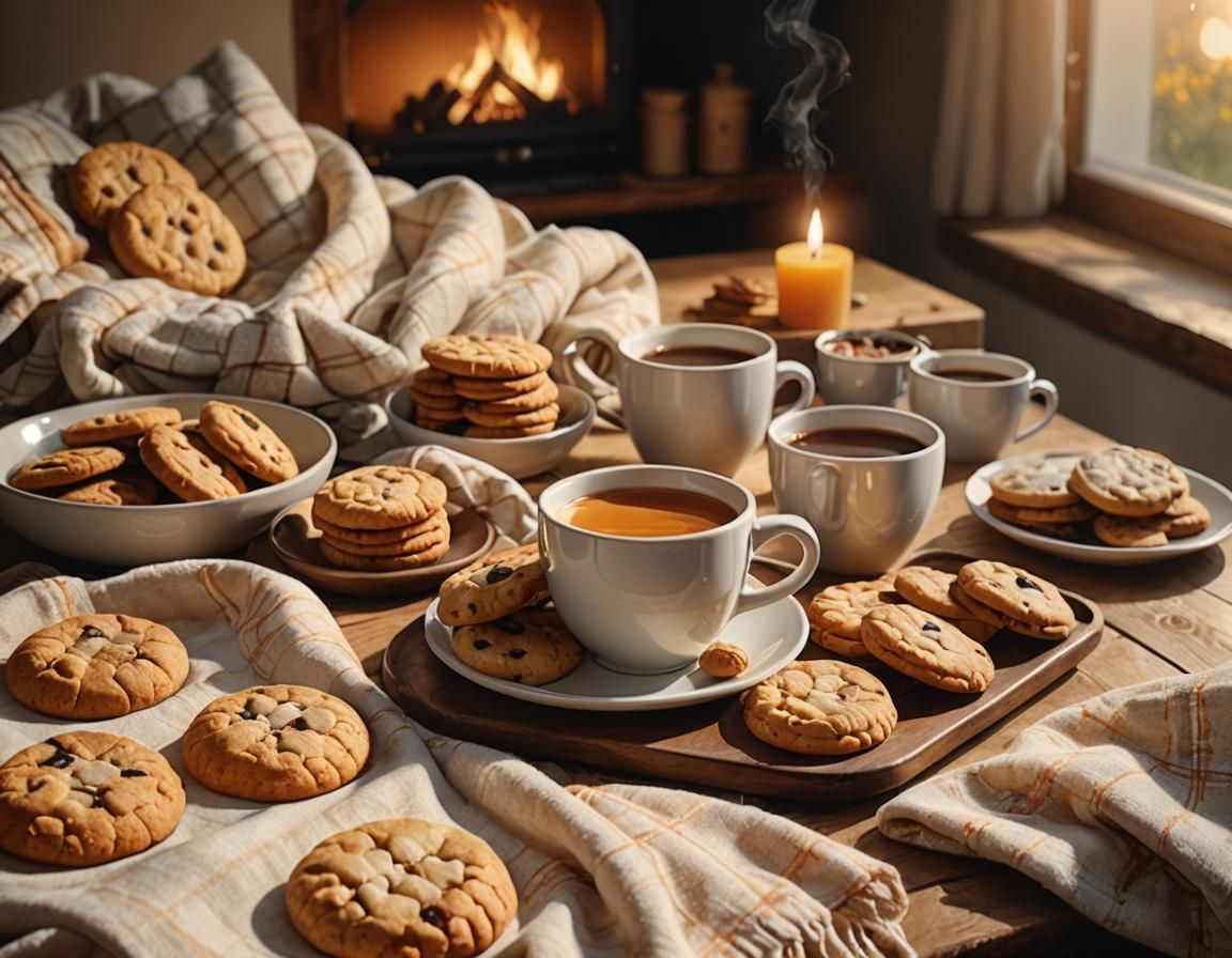 Cozy Still Life with Blankets and Snacks