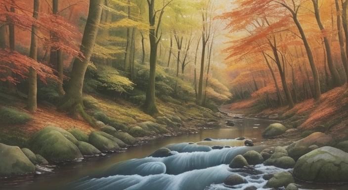 Vivid Watercolor Forest Stream in Autumn