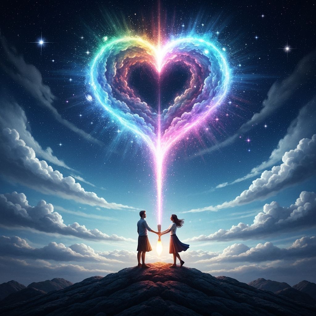 Cosmic Couple Holds Magical Brush Creating Rainbow Heart