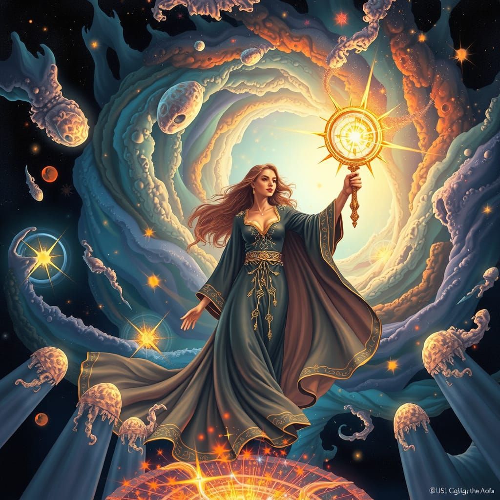 Mystical Celestial Sorceress at the Edge of a Radiant Portal