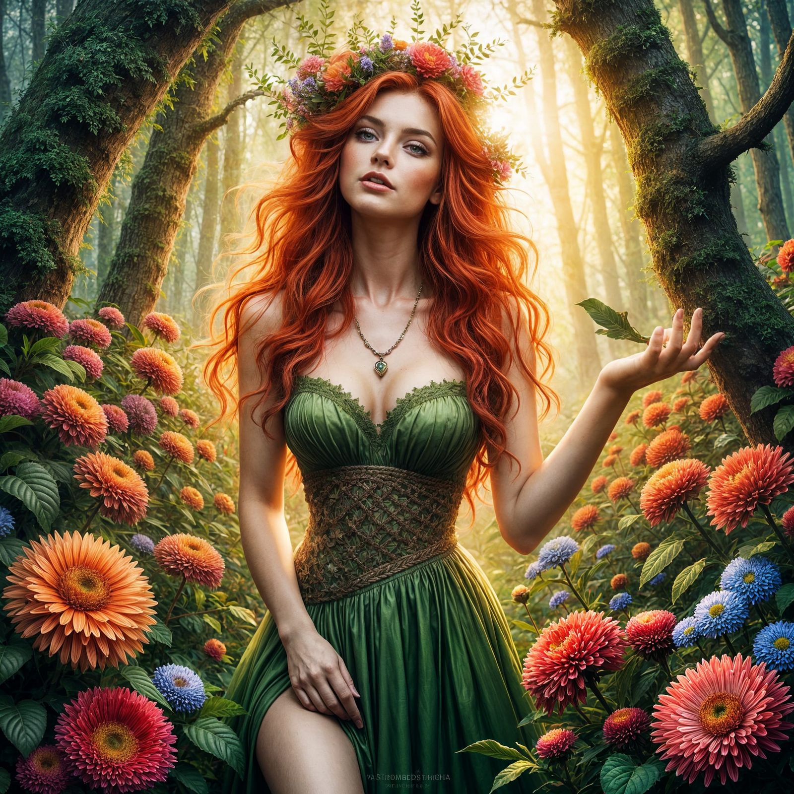 Enchanted Dryad Surrounded by Vibrant Floral Beauty