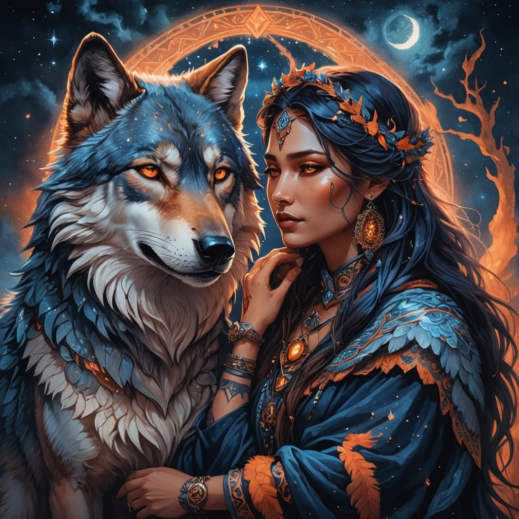 Ethereal Woman and Wolf Under Night Sky