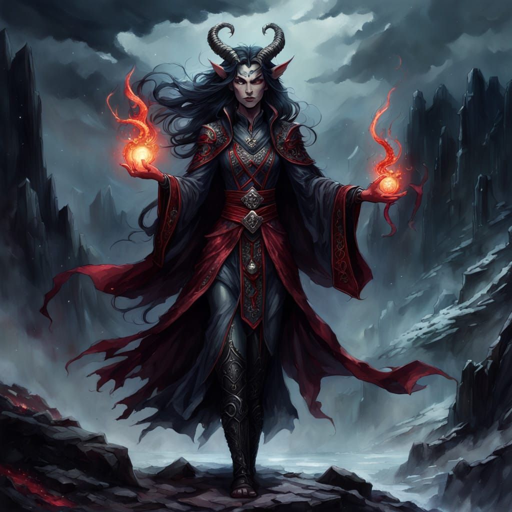 Majestic Tiefling Sorceress Commands the Stormy Skies