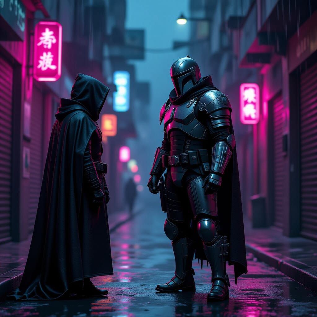 Armored Bounty Hunter in Neon Cyberpunk Alley