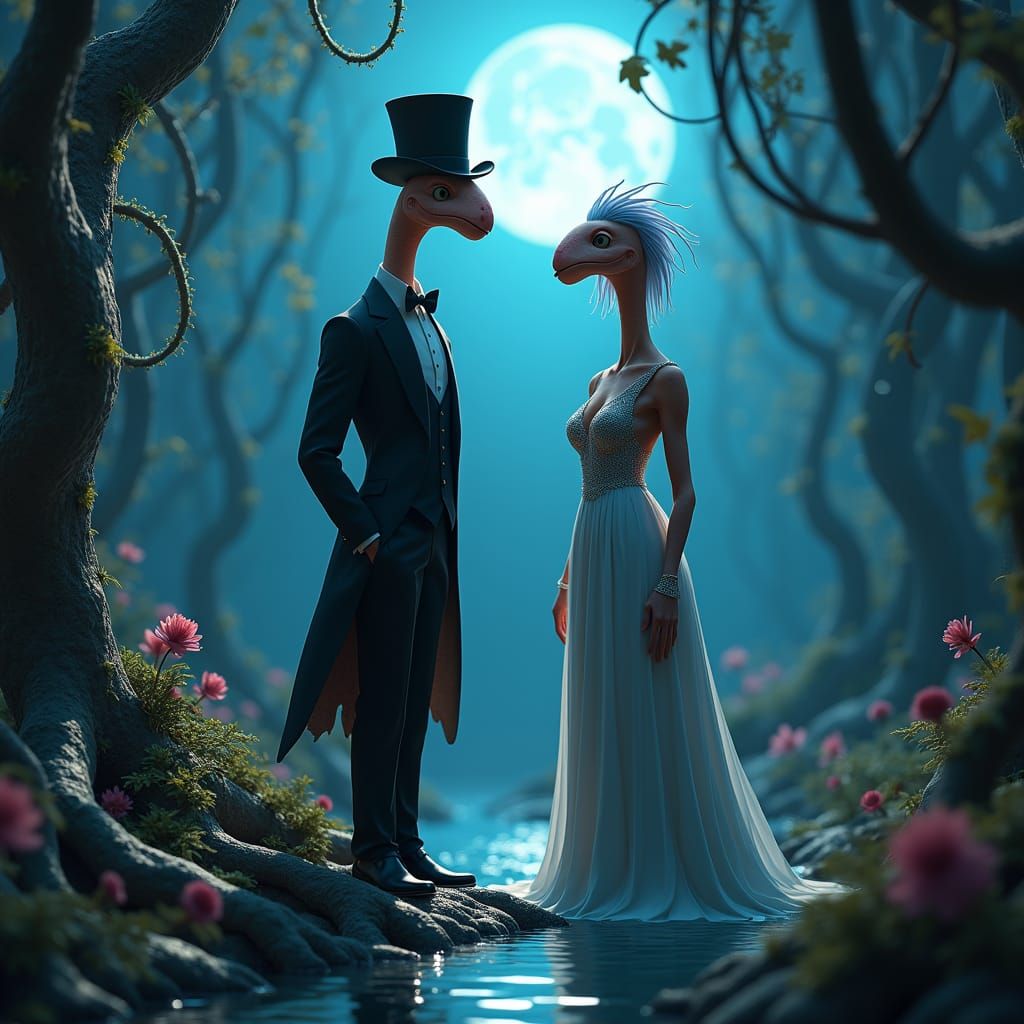 Worms' Romantic Date Under the Moon in Surreal Style