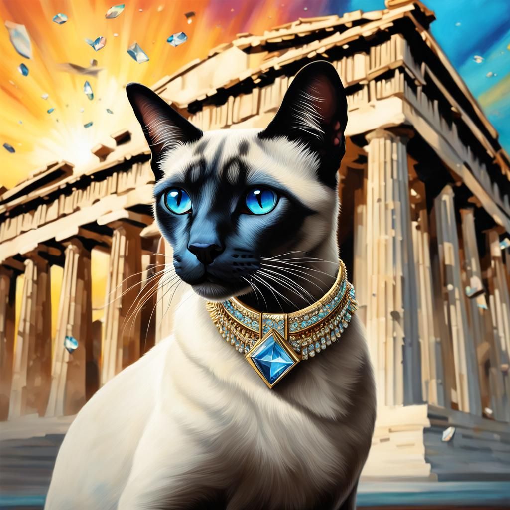 Siamese Cat with Parthenon: Hyperrealistic Splash Art