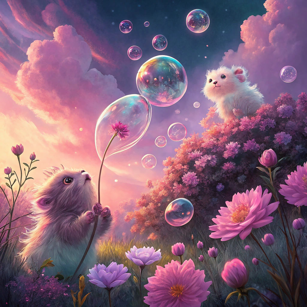 Ethereal Bubbles and Flowers in Dreamlike Setting
