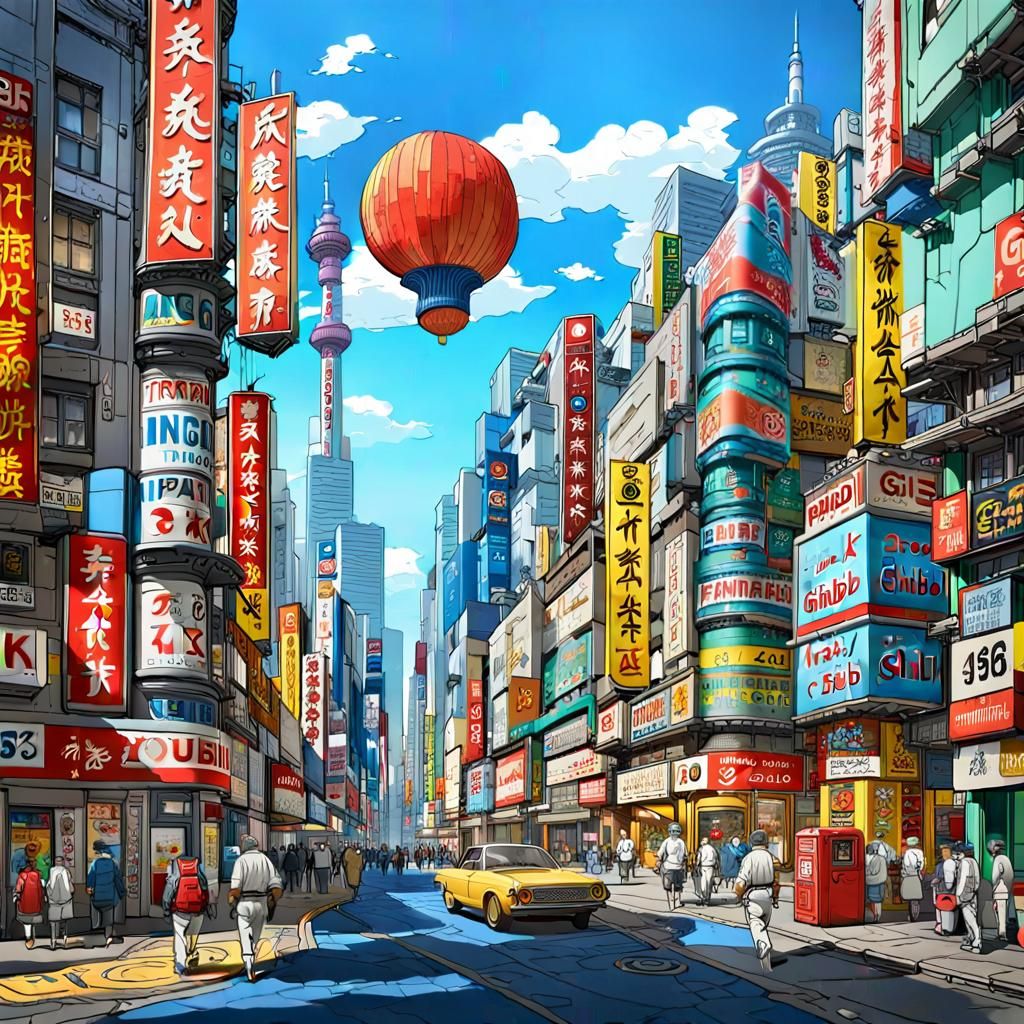 Pop Art Cityscape in Neo-Tokyo Retro Utopia