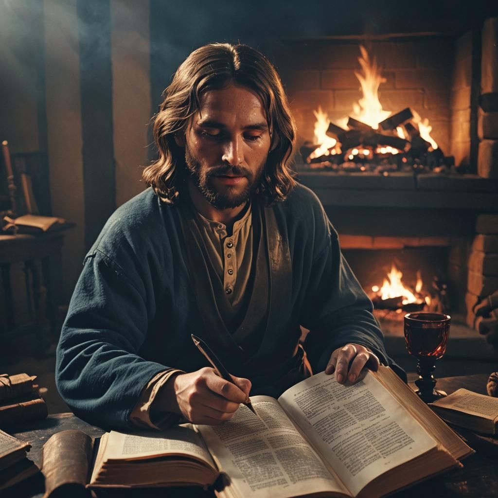 Jesus Christ Reading by Fireplace in Dutch Masters Style