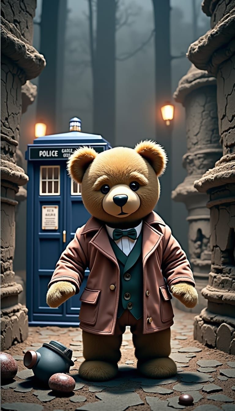 A small teddy bear as Doctor Who