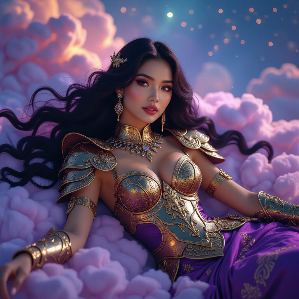 Malay Goddess in Bronze Armor Among Nebula Clouds