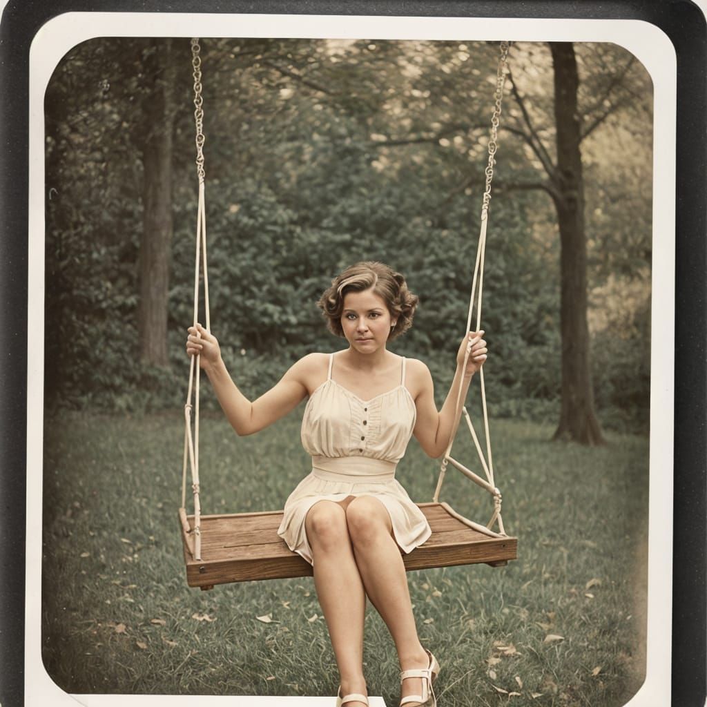 Woman on Vintage Swing in Polaroid Style