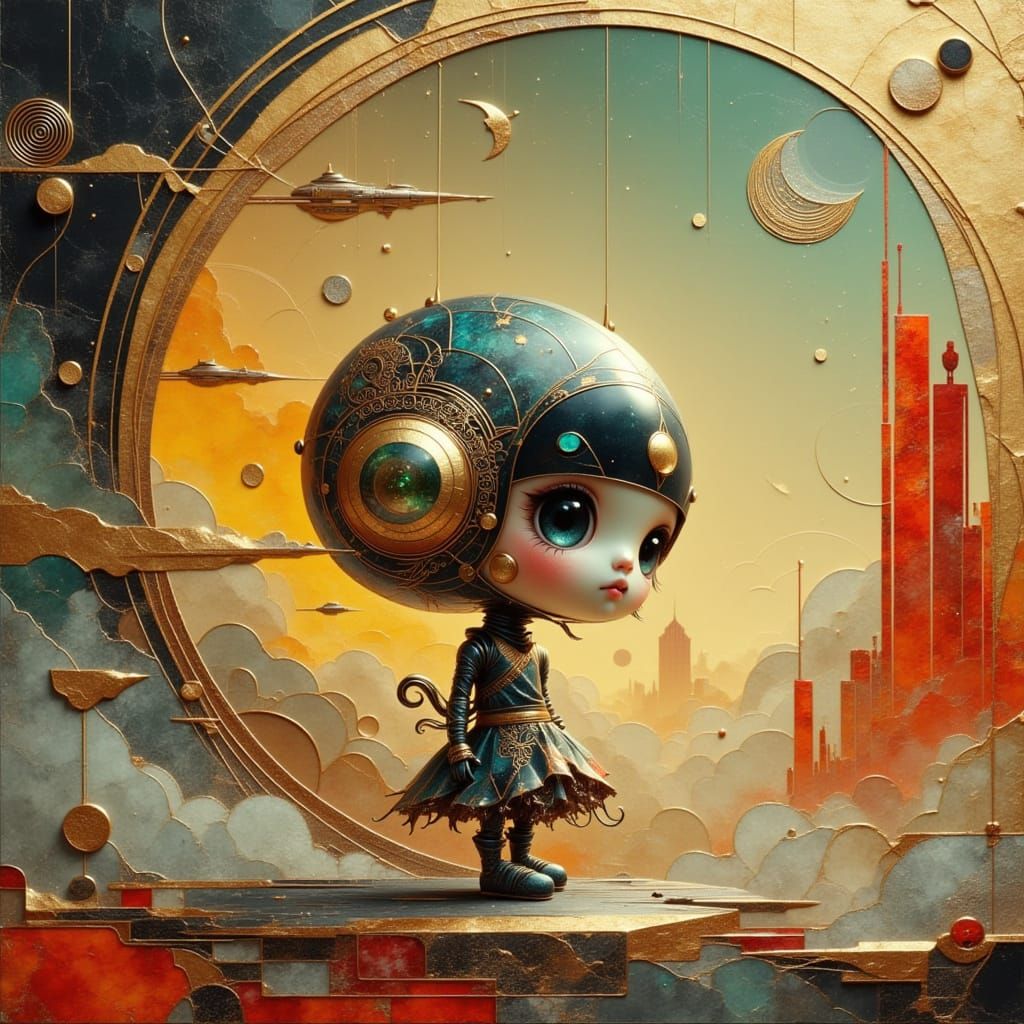 Retro-Futuristic Spaceport Hostess Robot in Art Deco Chibi S...