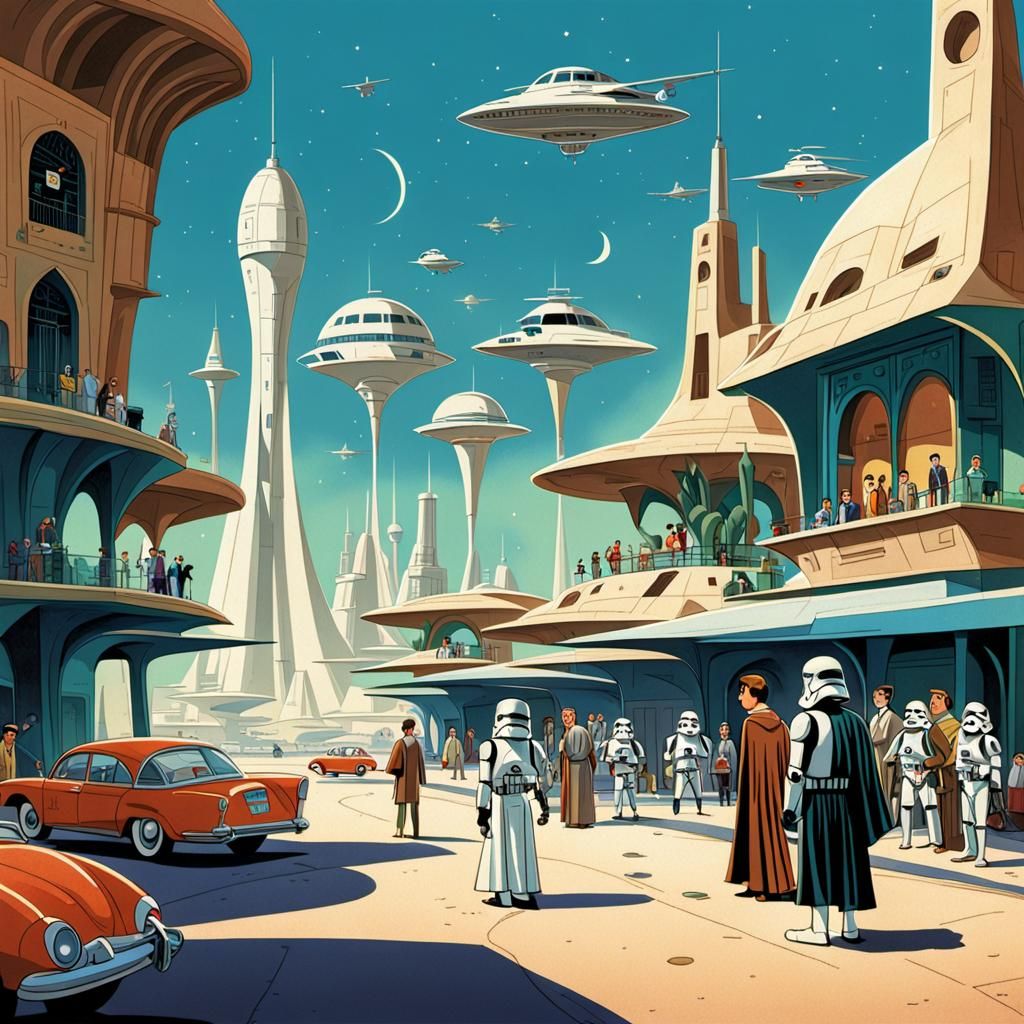 Retro Future Cartoon Mashup: Jetsons, Star Wars, Casablanca