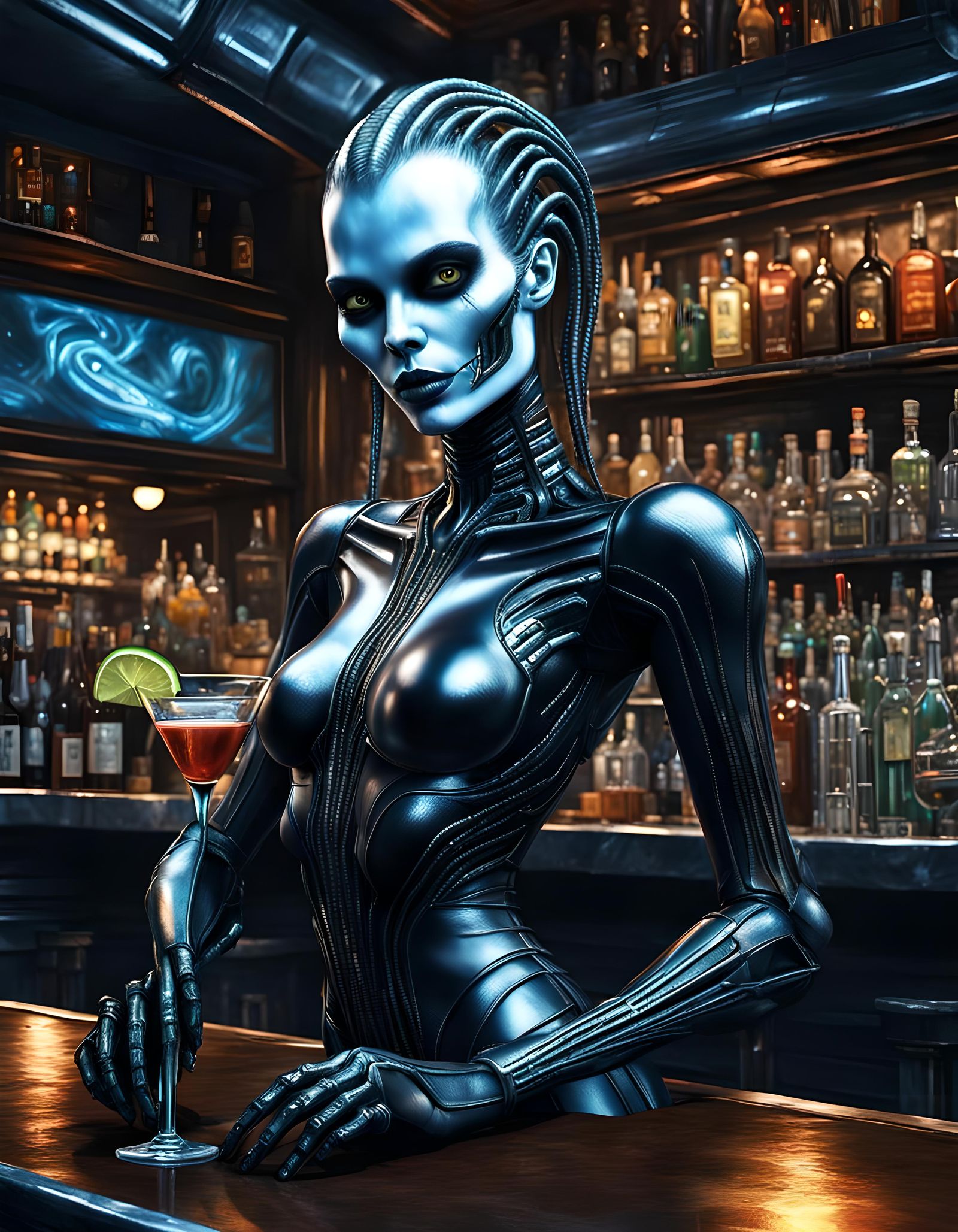 Biomechanical Woman Serves Cocktails in Cyberpunk Bar