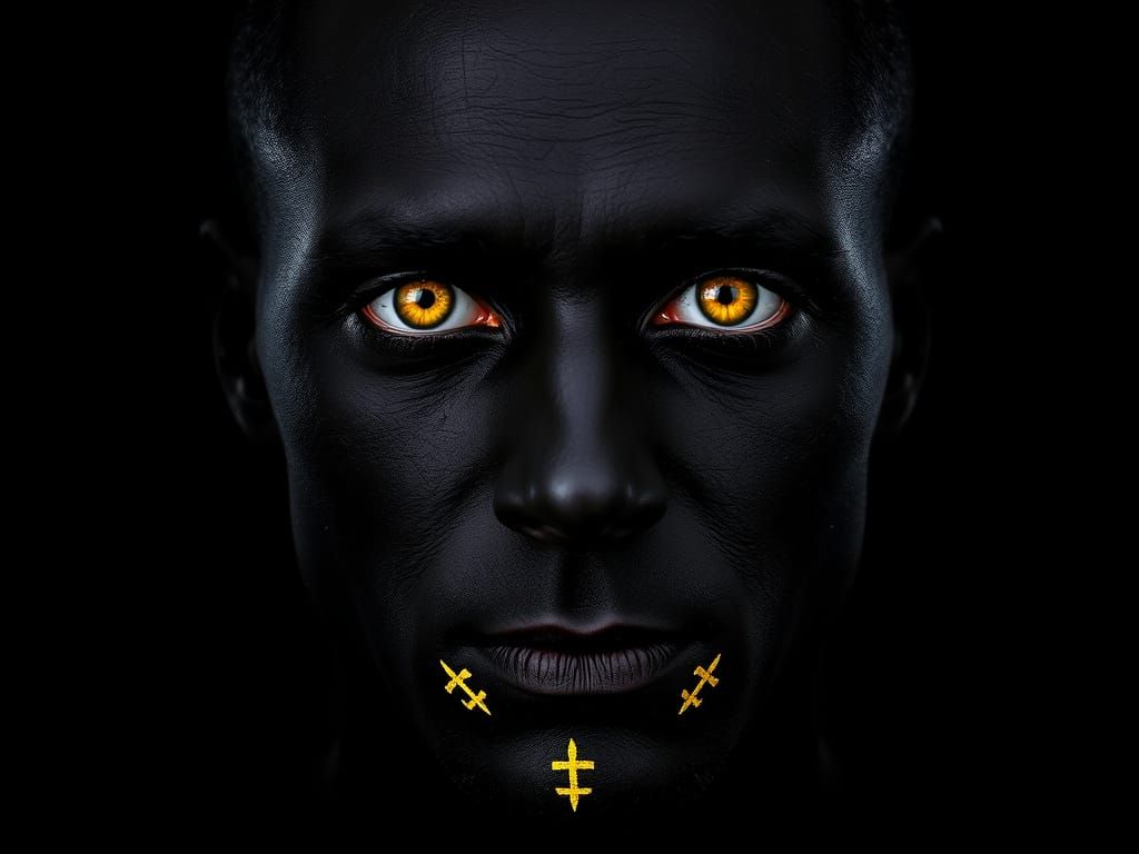 Man in Black with Vibrant Yellow Eyes and Symbols