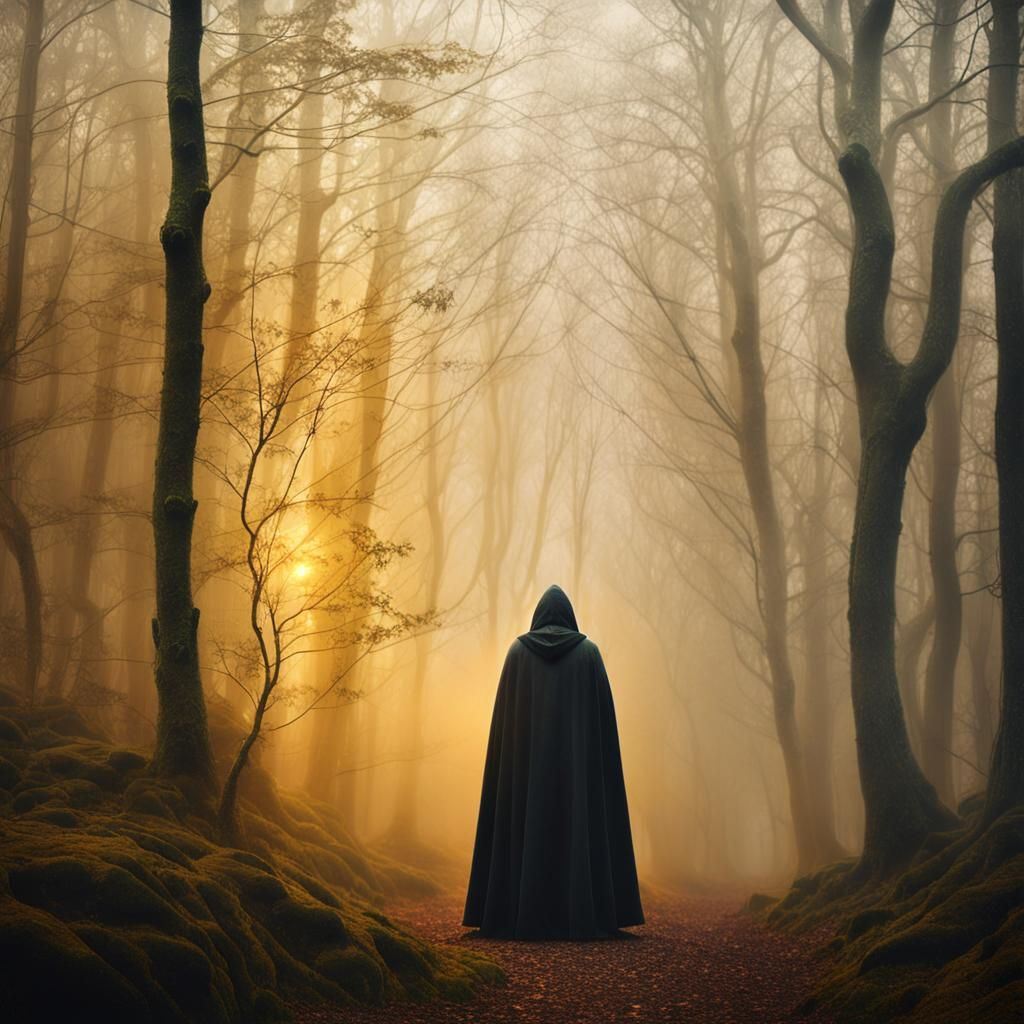 Golden Cloak in Misty Forest: Surreal Scene