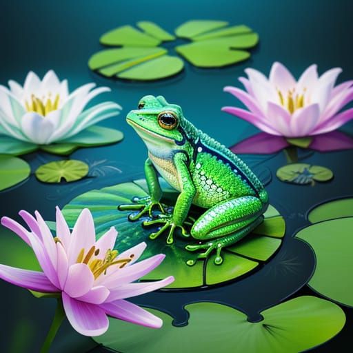 Pastel Alien Frog on Lily Pad: Surreal Digital Art