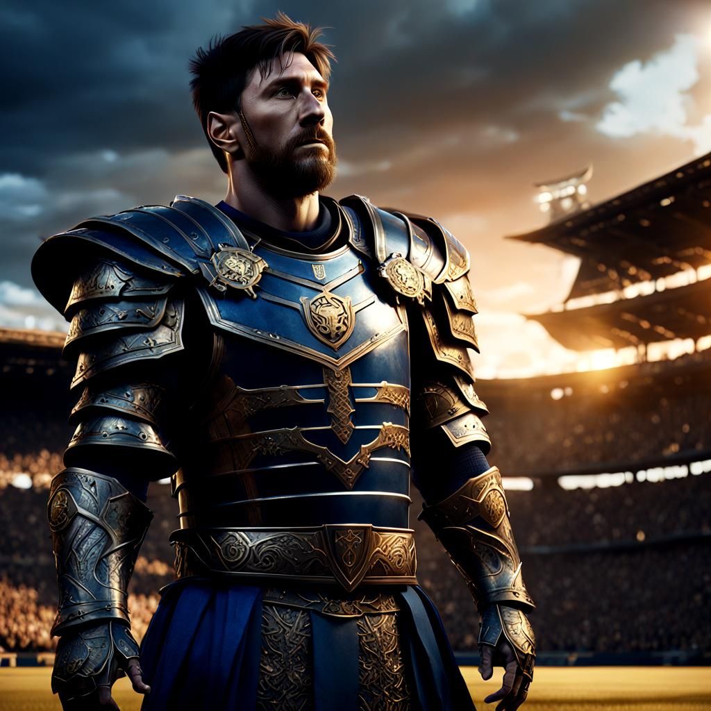 Lionel Messi as Armored Warrior in Dark Fantasy Style