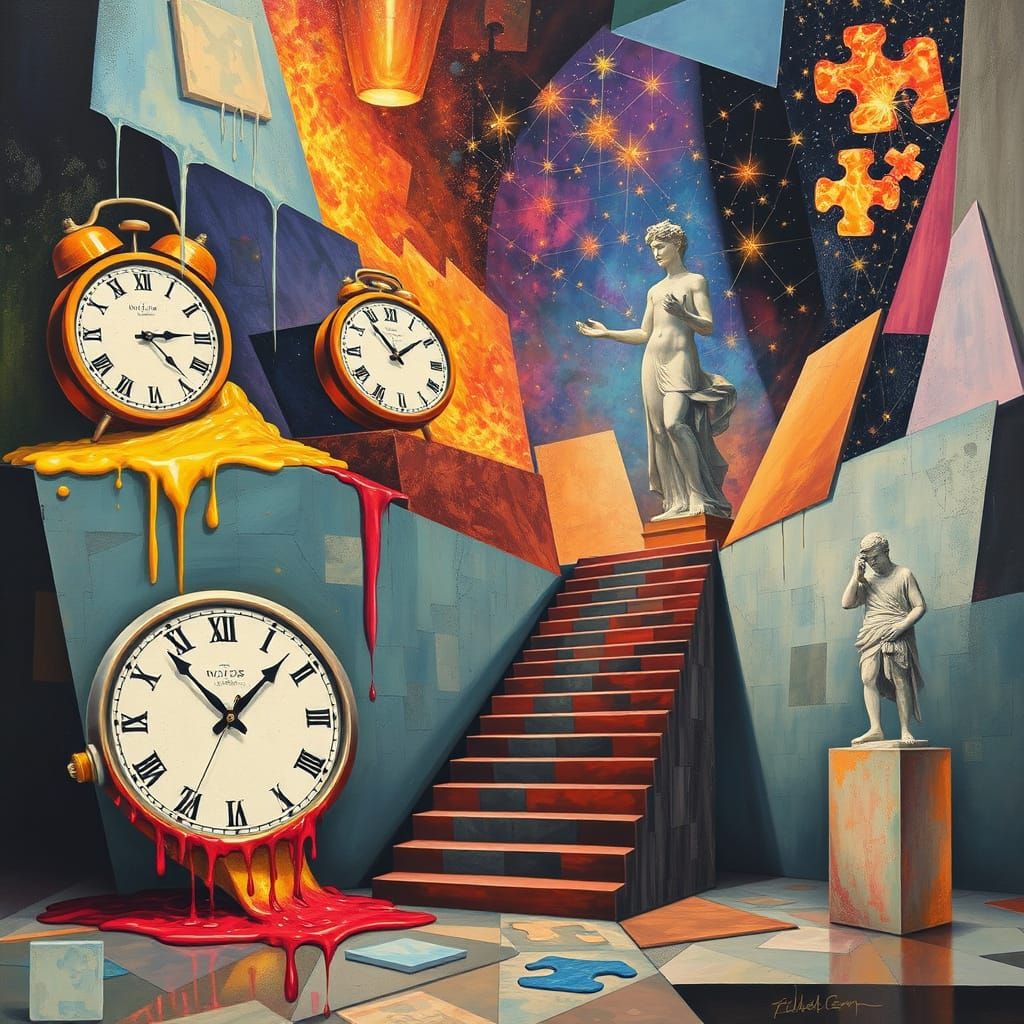 Surreal Dreamscape: Melting Clocks and Shattered Statues