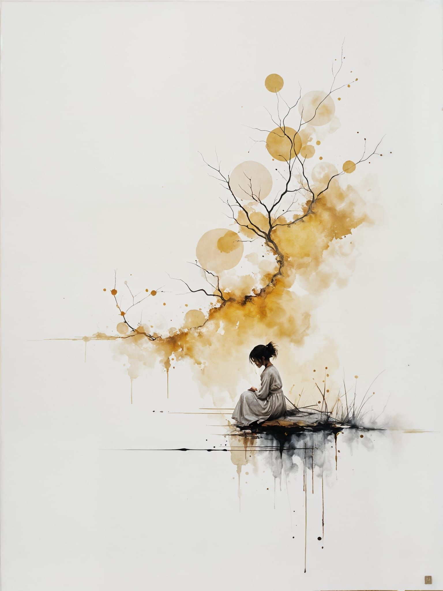 Golden Woman and Calligraphy Landscape in Watercolor