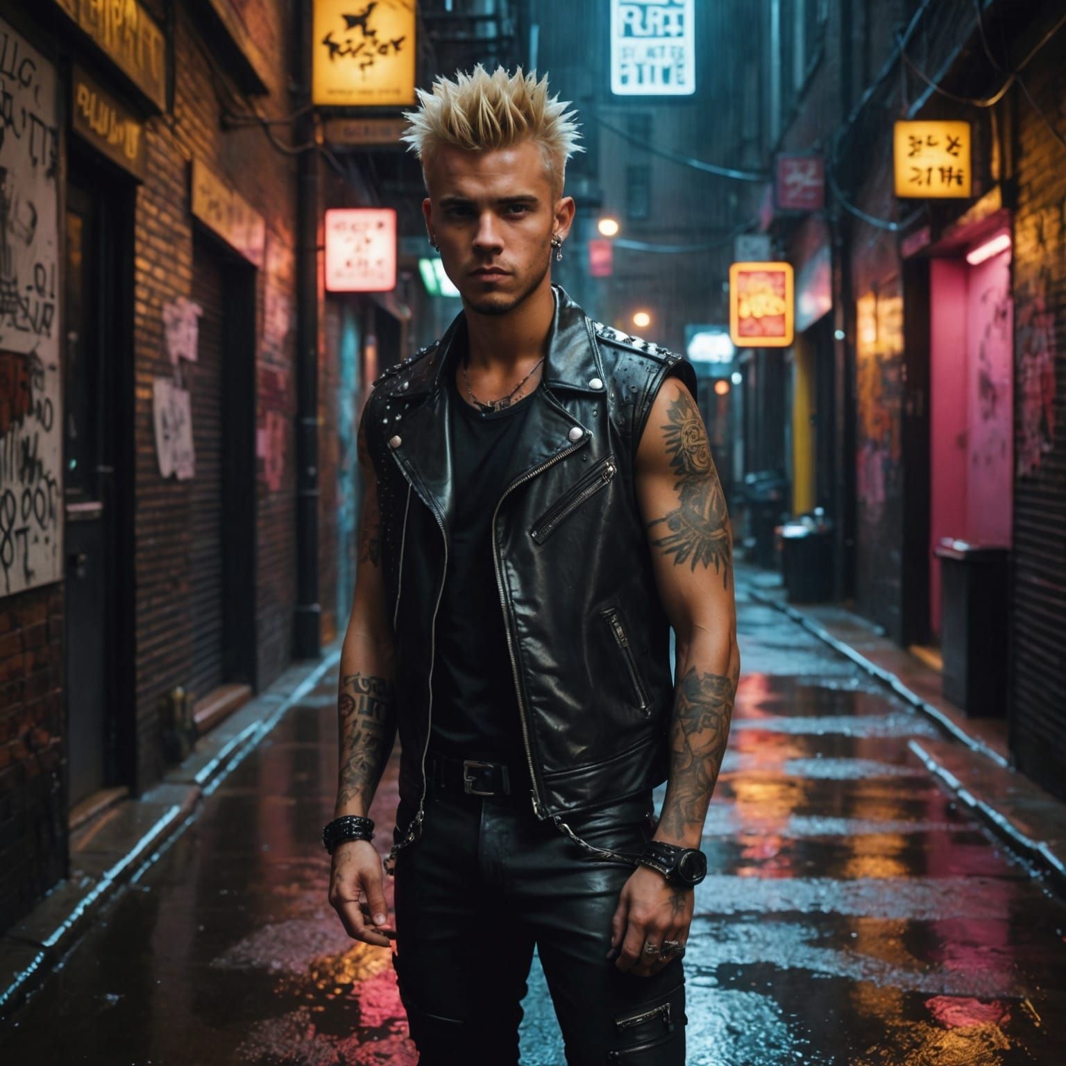 Punk in Rainy Alleyway with Neon Signs