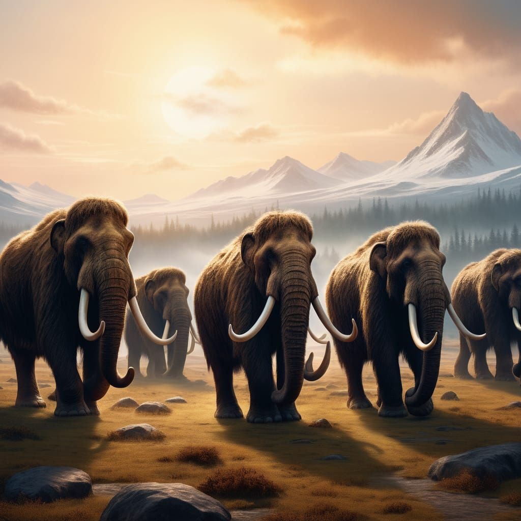 Woolly Mammoths Migrate at Golden Hour: Digital Painting