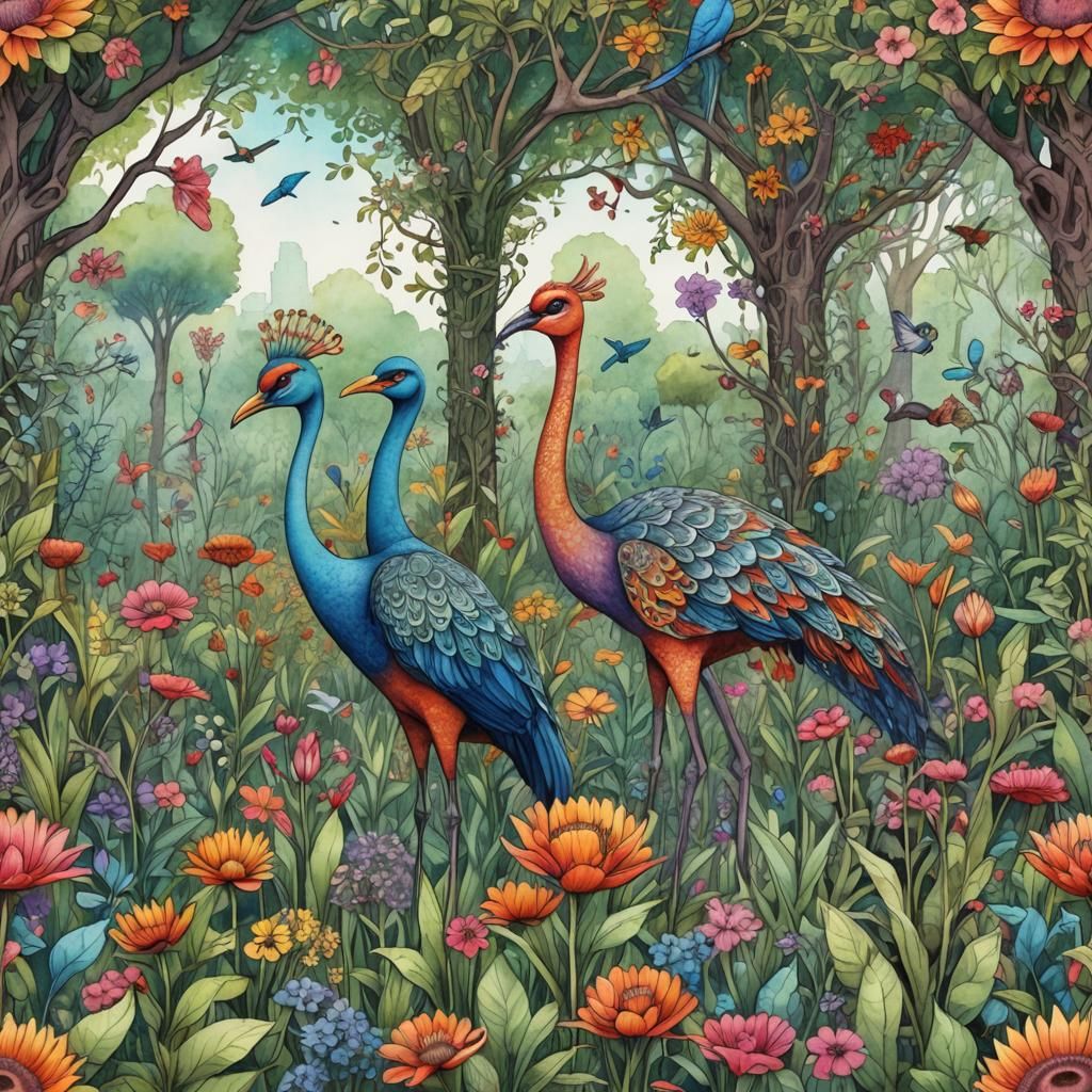 Birds in Floral Park: Watercolor, Ink, Zentangle