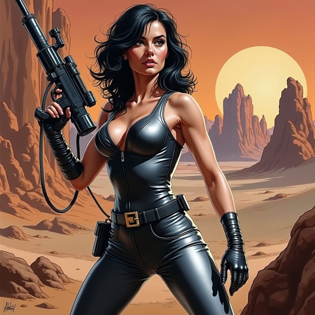 Surreal Sci-Fi Watercolor of a Dark-Haired Woman Hiding Behi...