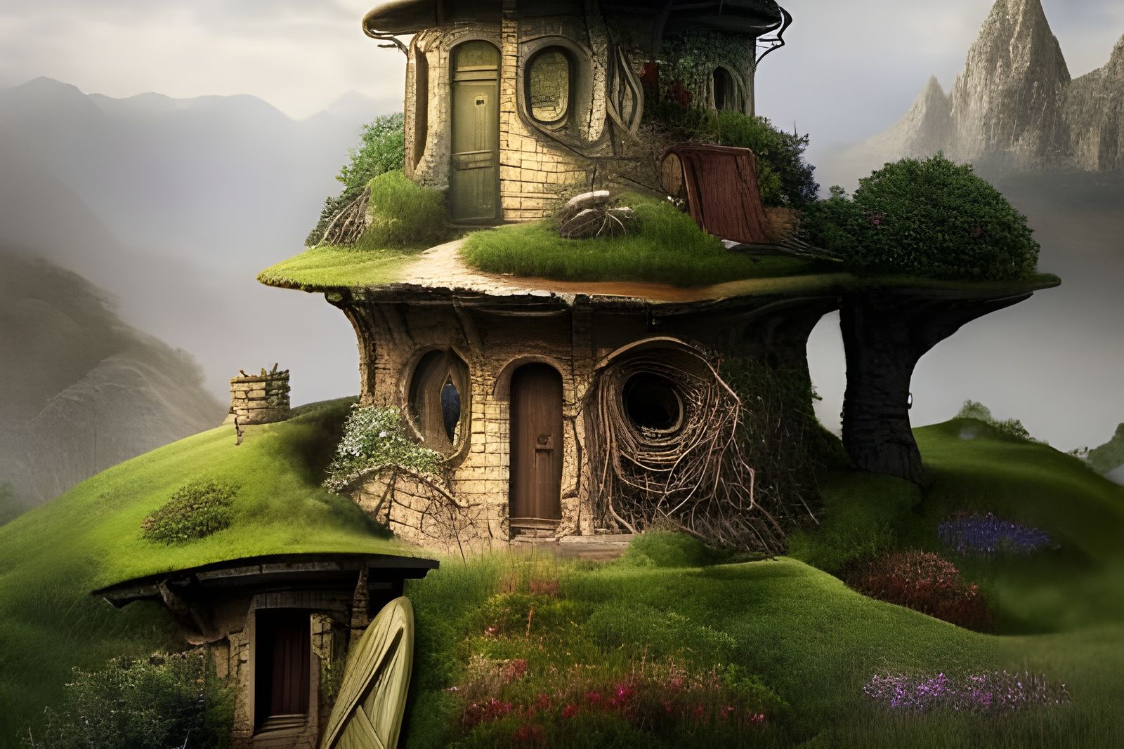 Hobbit Home Tower: Expressionist Impasto Oil Painting