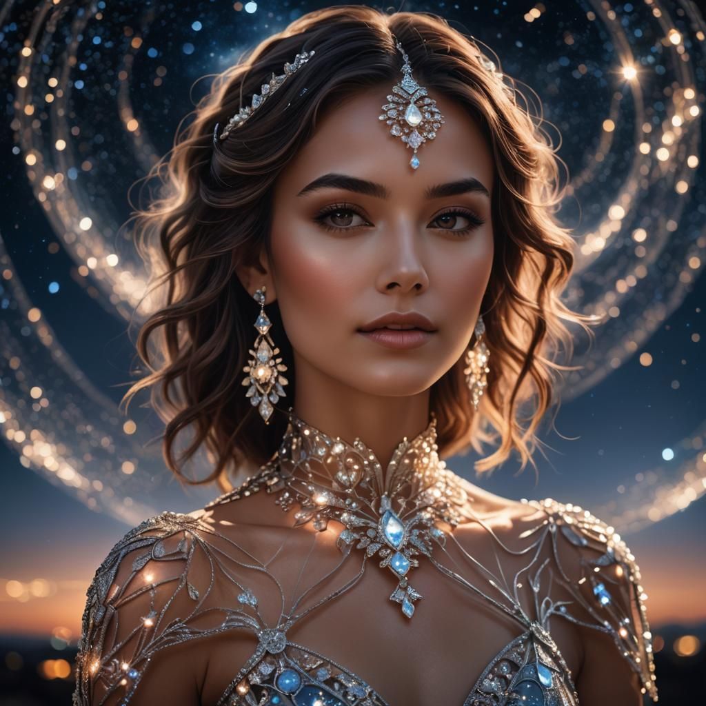 Woman in Glass Dress with Night Sky Background