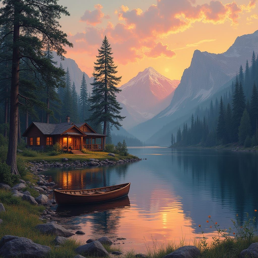 Serene Summer Landscape with Lake House and Majestic Mountai...