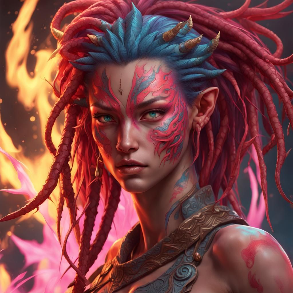 Fierce Na'vi Avatar with Fire Element, Hyperdetailed Art