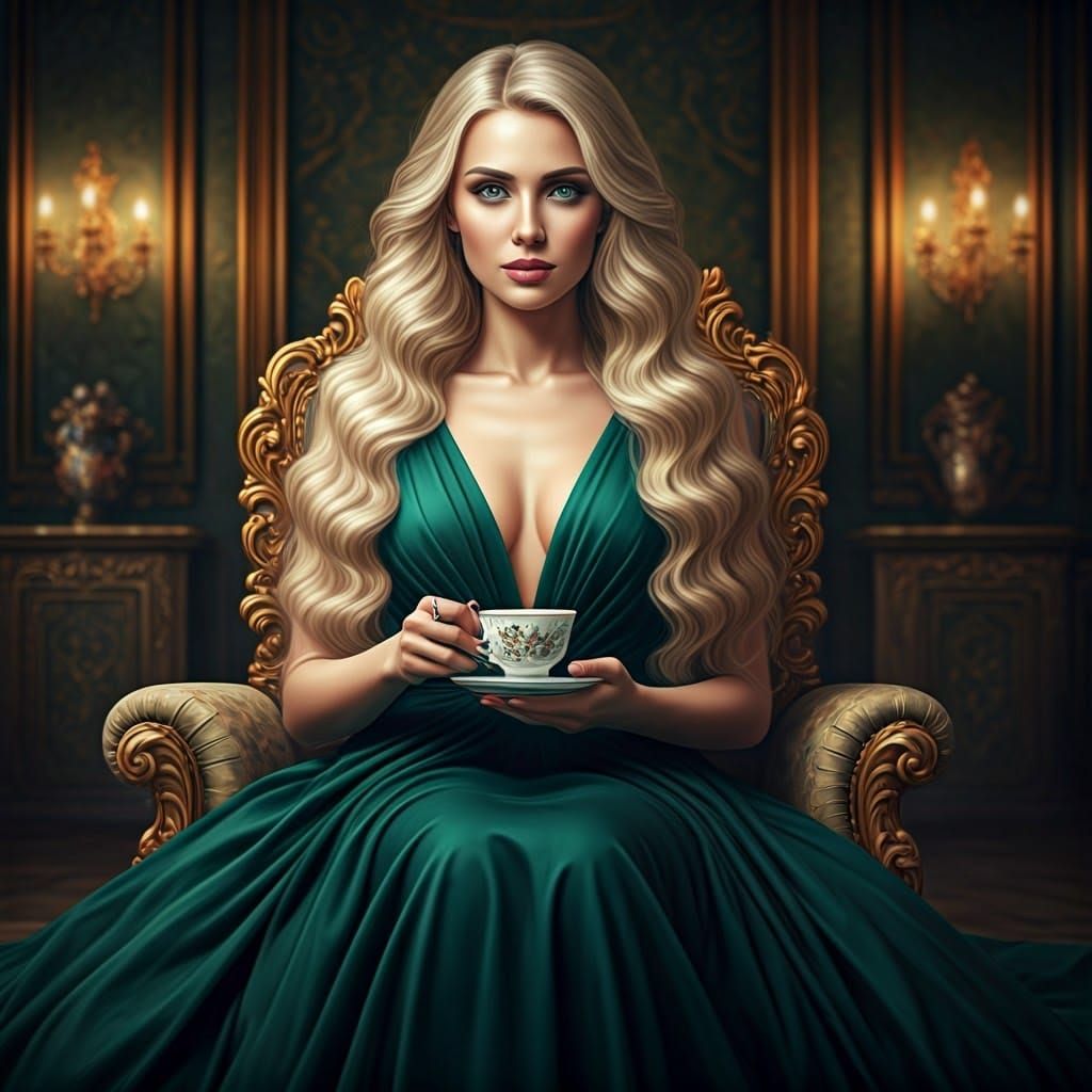 Beautiful Woman with Tea in Ornate House