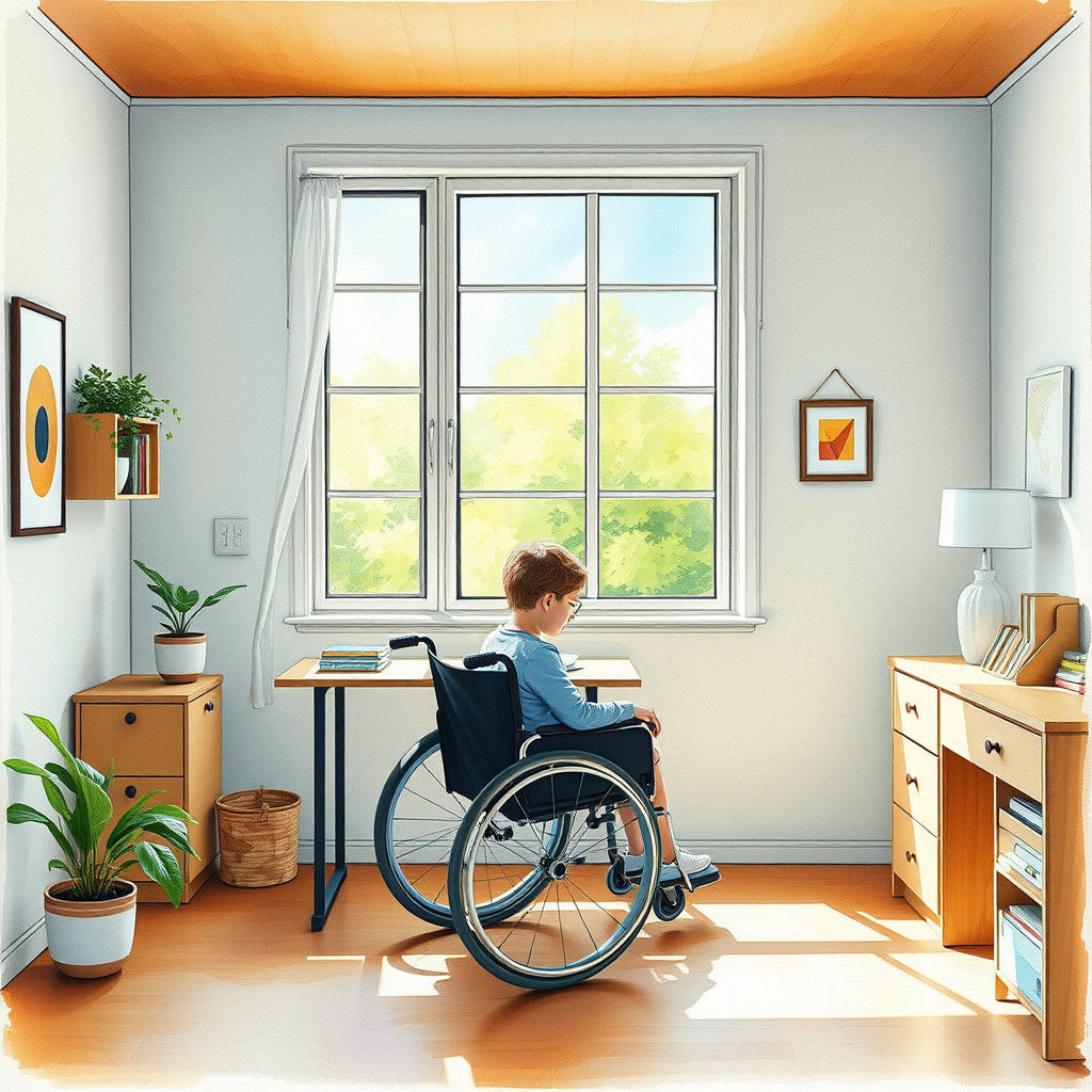 a bedroom with a study table for a disabled person in a whee...