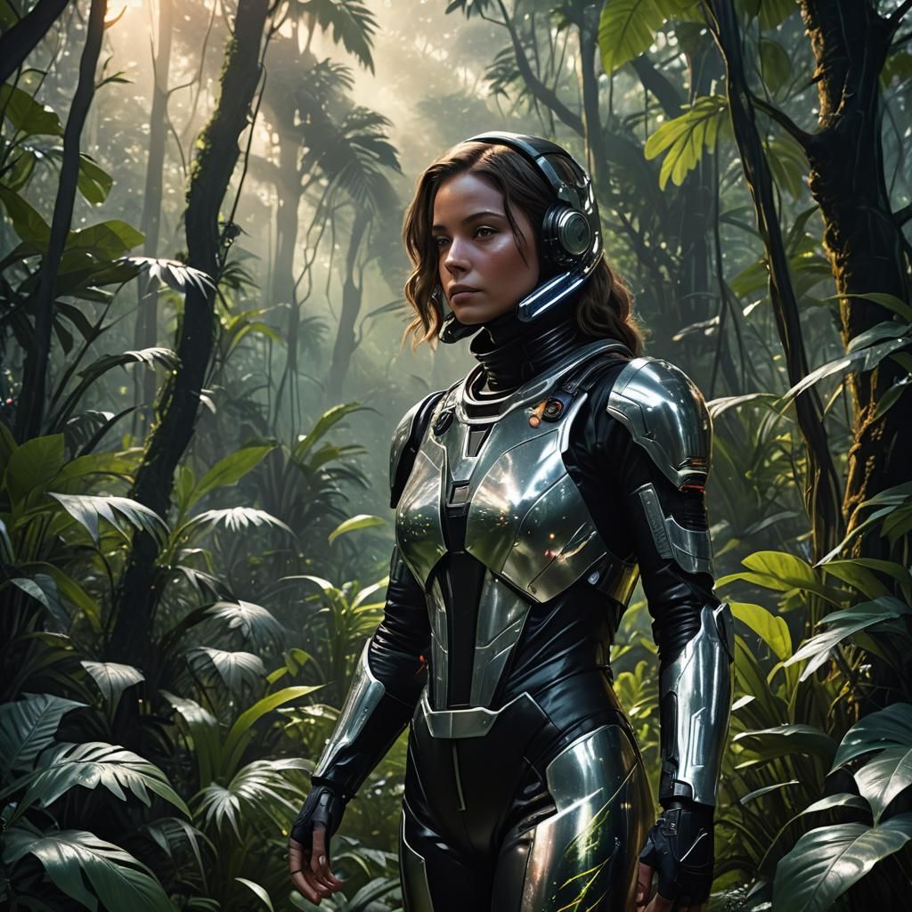 Sci-Fi Explorer in Glowing Jungle at Dusk