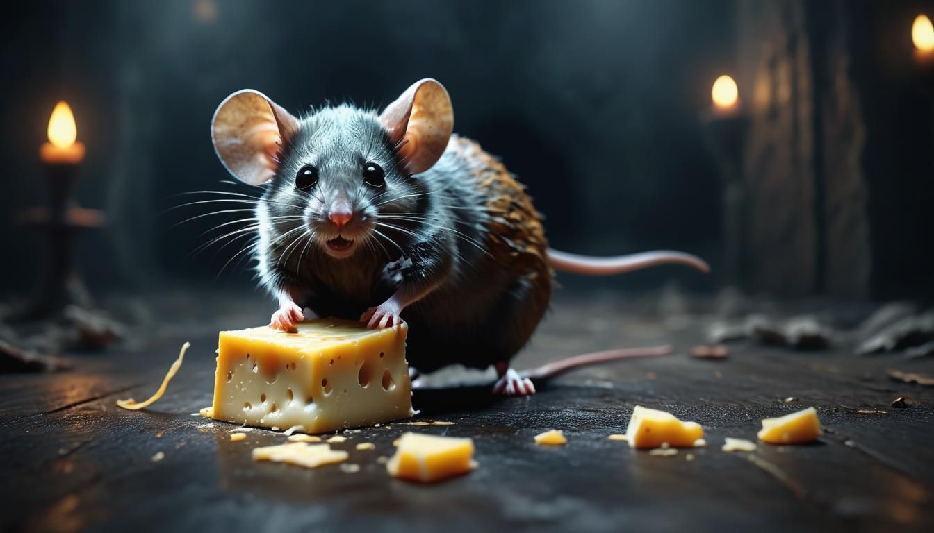 Sinister Cheese Pursues Fleeing Mouse in Dark Fantasy Scene