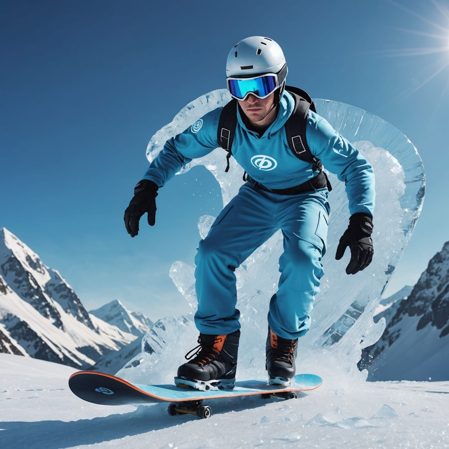 Dynamic Ice Superhero on Snowboard in Digital Art