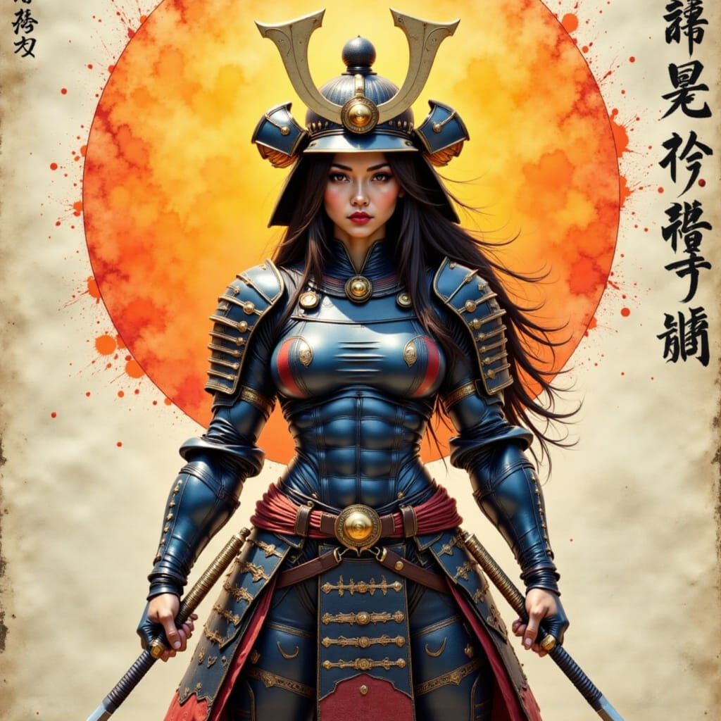 Muscular Female Samurai in Armor with Katanas