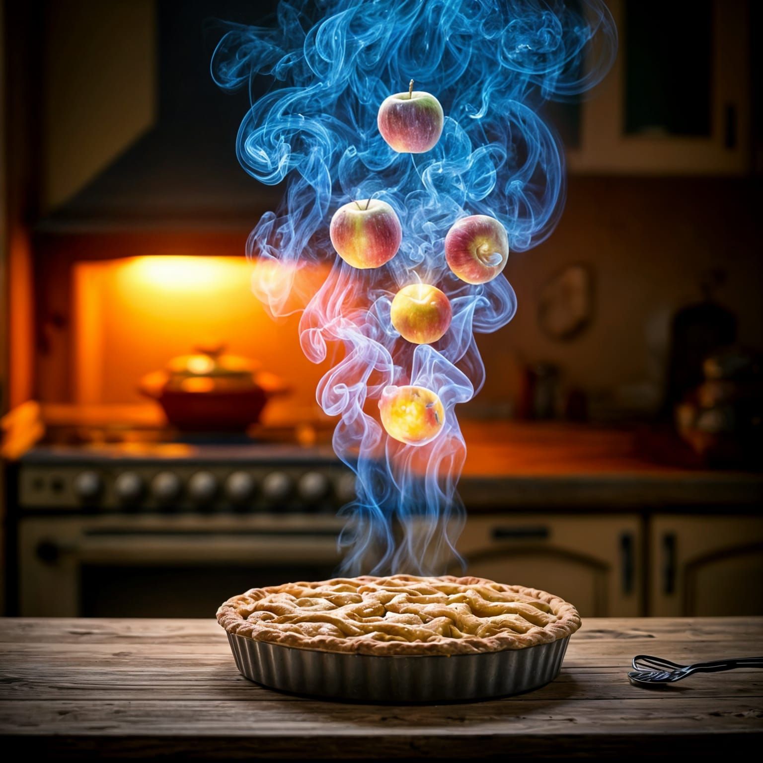 Dreamy Kitchen Scene with Apple Pie and Colorful Smoke