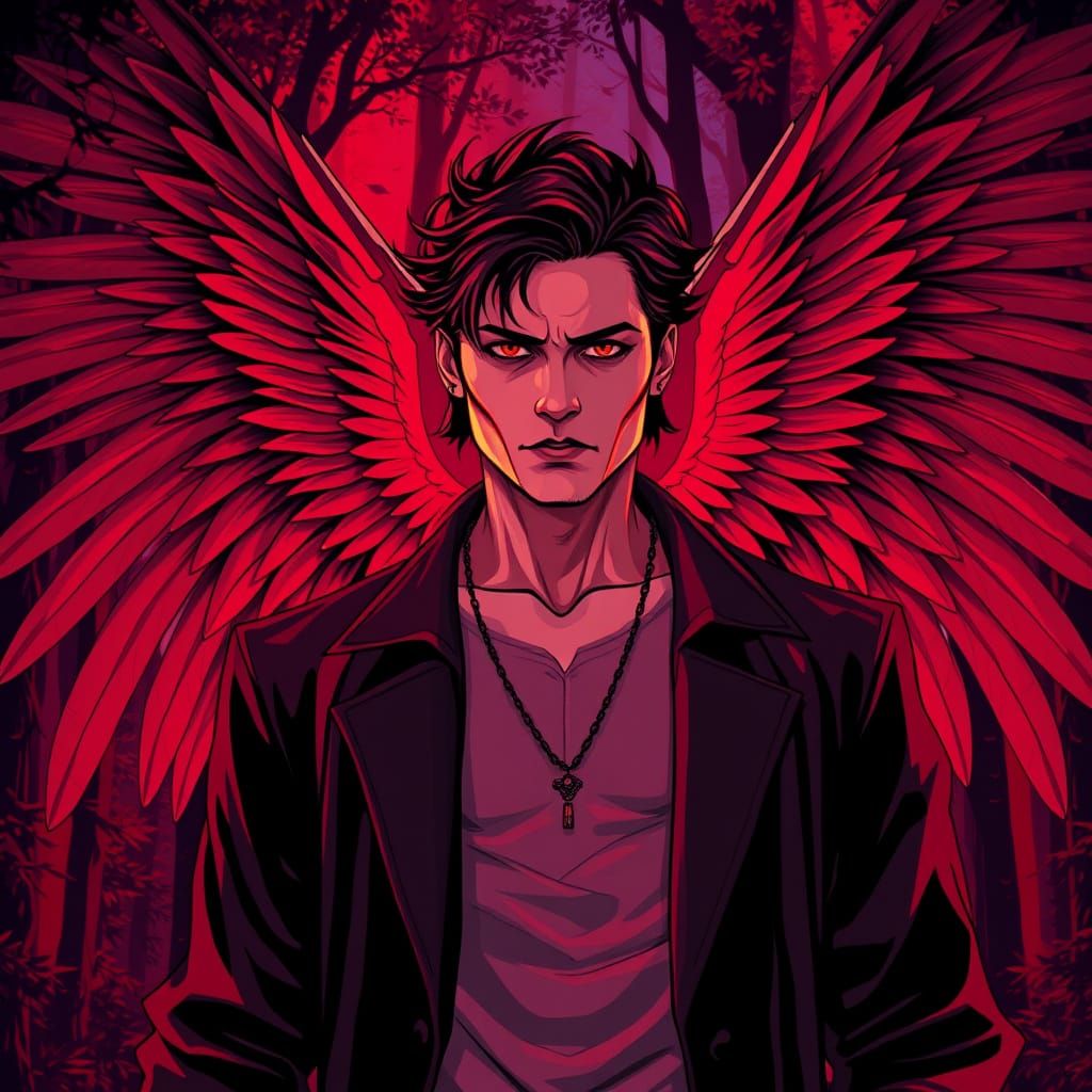 Majestic Angelic Figure Emerges in Crimson Twilight