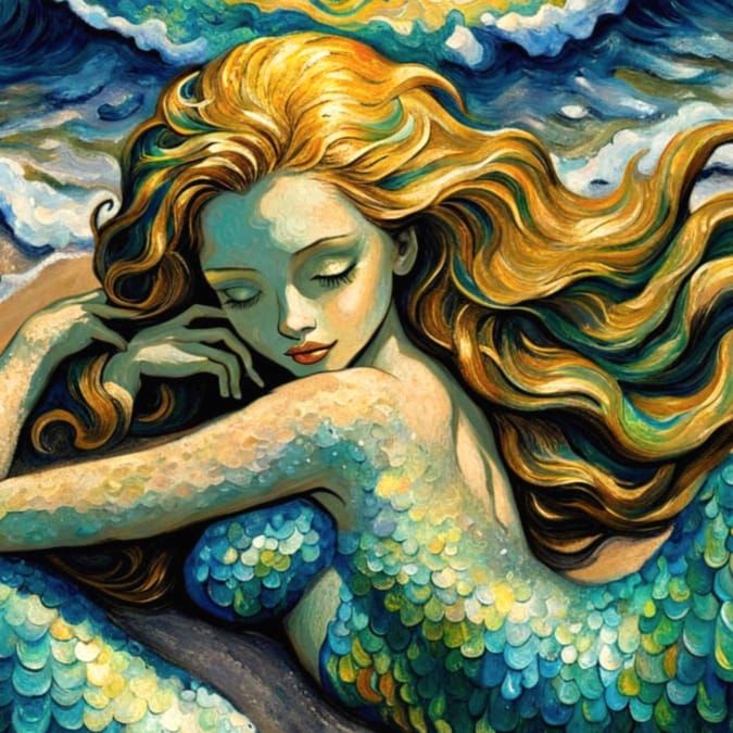 Moonlit Mermaid Lounging: Acrylic Painting in Van Gogh Style