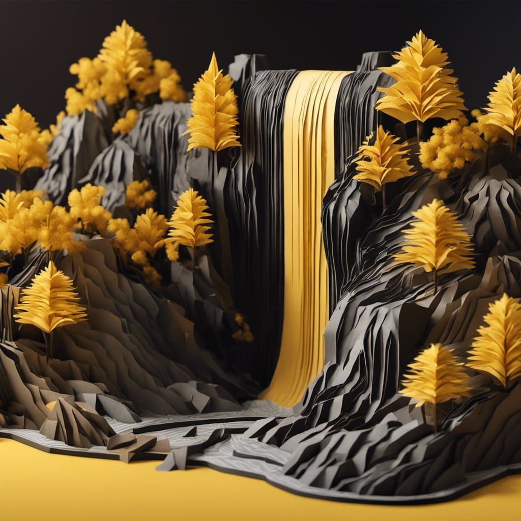 Origami Waterfall 3D Diorama in Papercraft Style